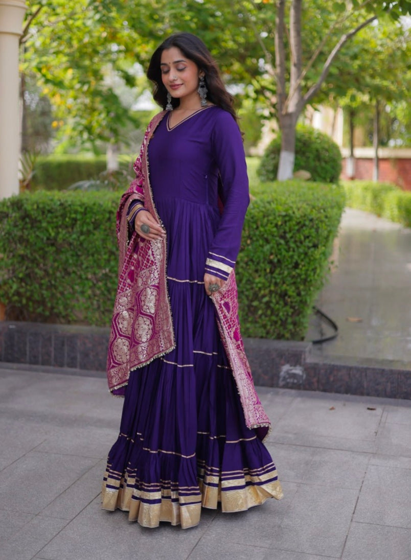 Purple Pure Reyon Cotton Gotta Patti Lace Work Anarkali Long Gown