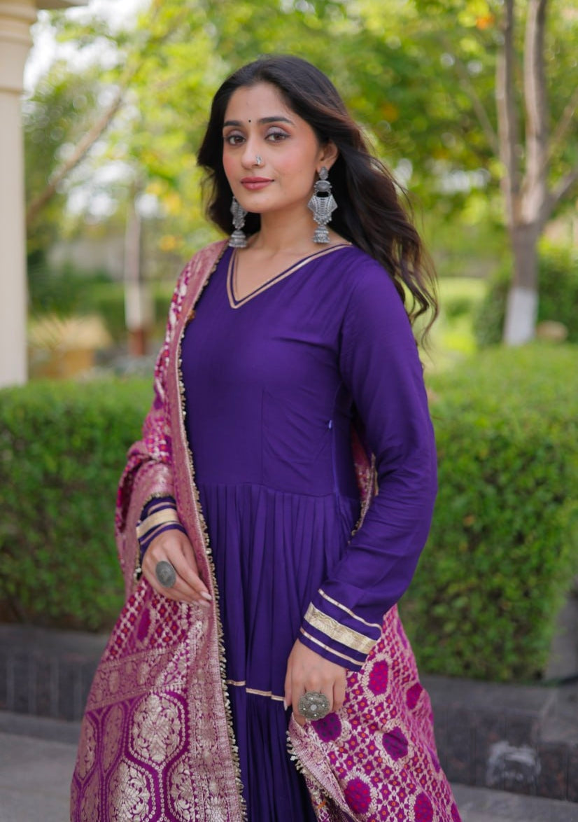 Purple Pure Reyon Cotton Gotta Patti Lace Work Anarkali Long Gown