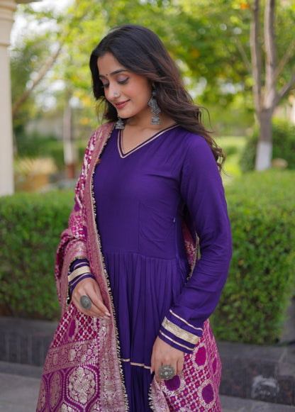 Purple Pure Reyon Cotton Gotta Patti Lace Work Anarkali Long Gown