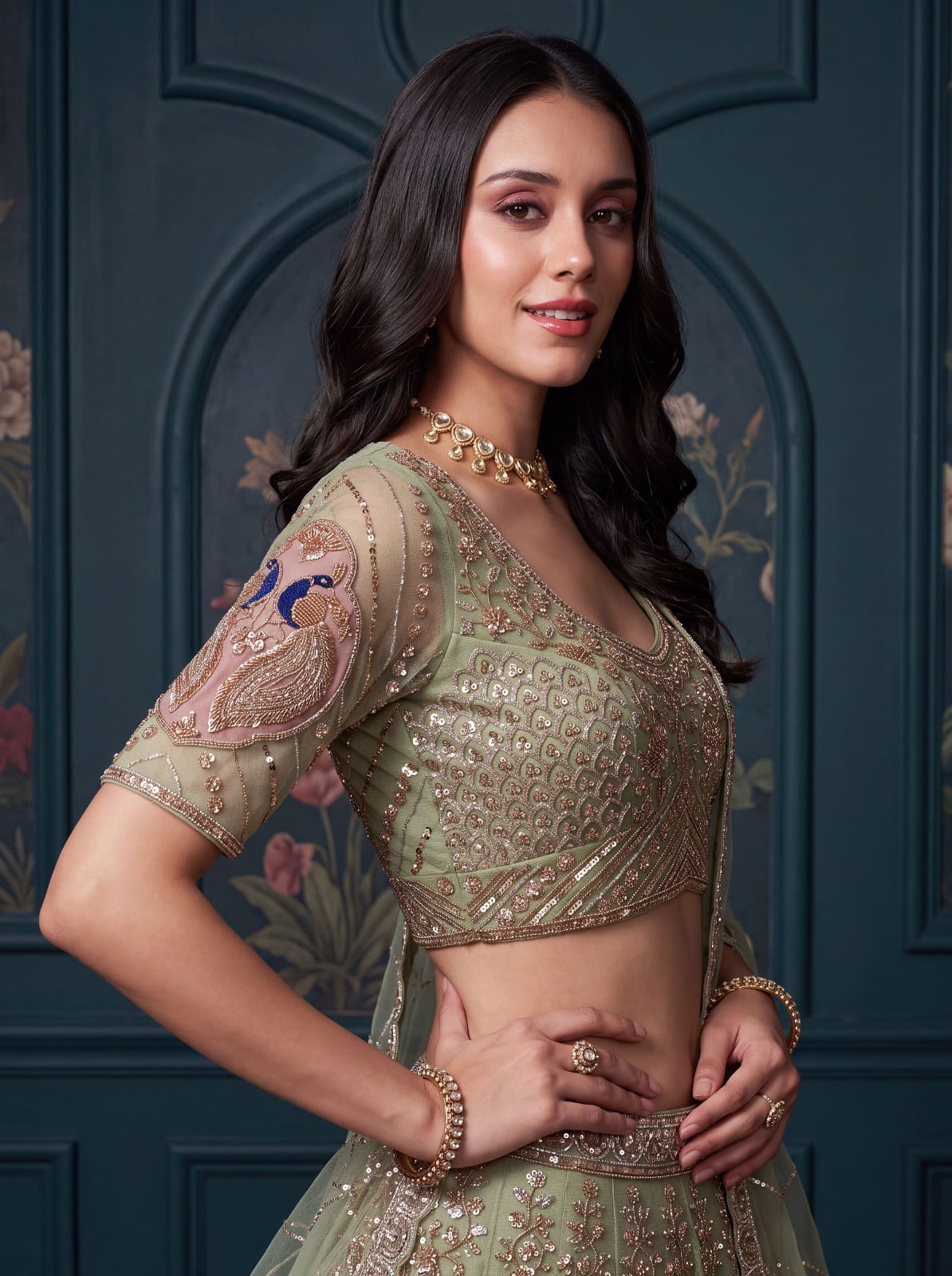 Pista Pure Heavy Net Motif Handwork Zari Sequins Work Bridal Lehenga Choli