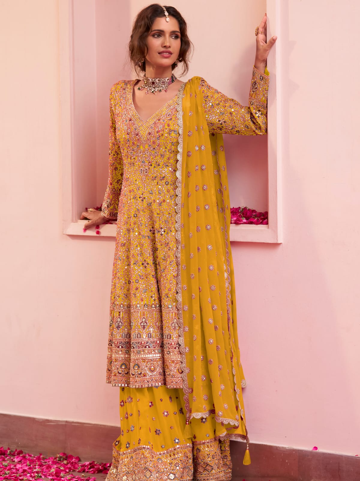 Yellow Embroidered Georgette Sharara Suit Set with Dupatta