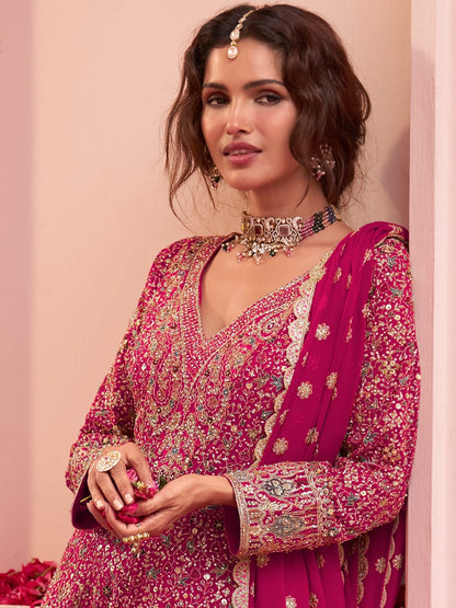 Pink Designer Embroidered Georgette Sharara Suit Set with Dupatta