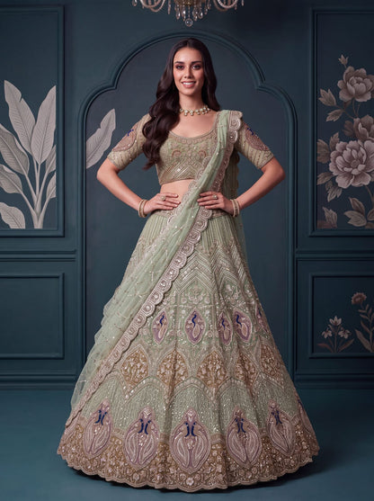 Pista Pure Heavy Net Motif Handwork Zari Sequins Work Bridal Lehenga Choli