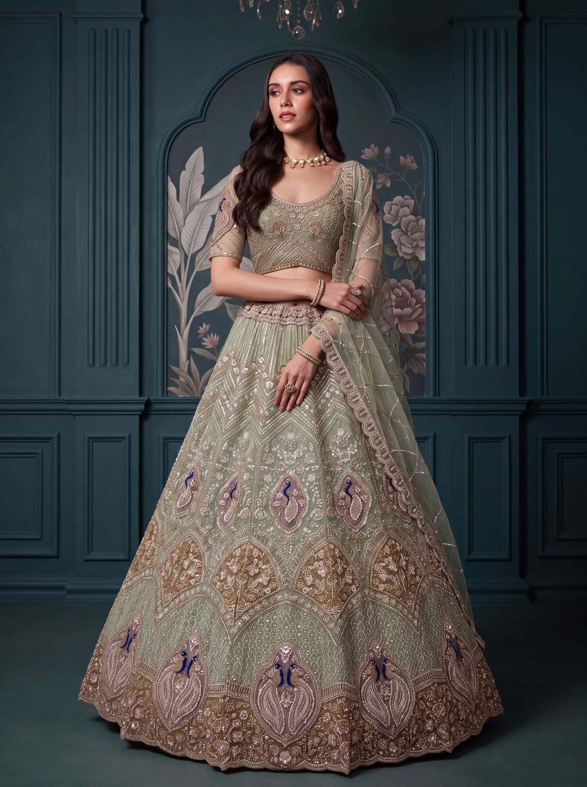 Pista Pure Heavy Net Motif Handwork Zari Sequins Work Bridal Lehenga Choli