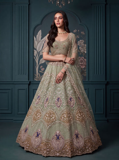 Pista Pure Heavy Net Motif Handwork Zari Sequins Work Bridal Lehenga Choli