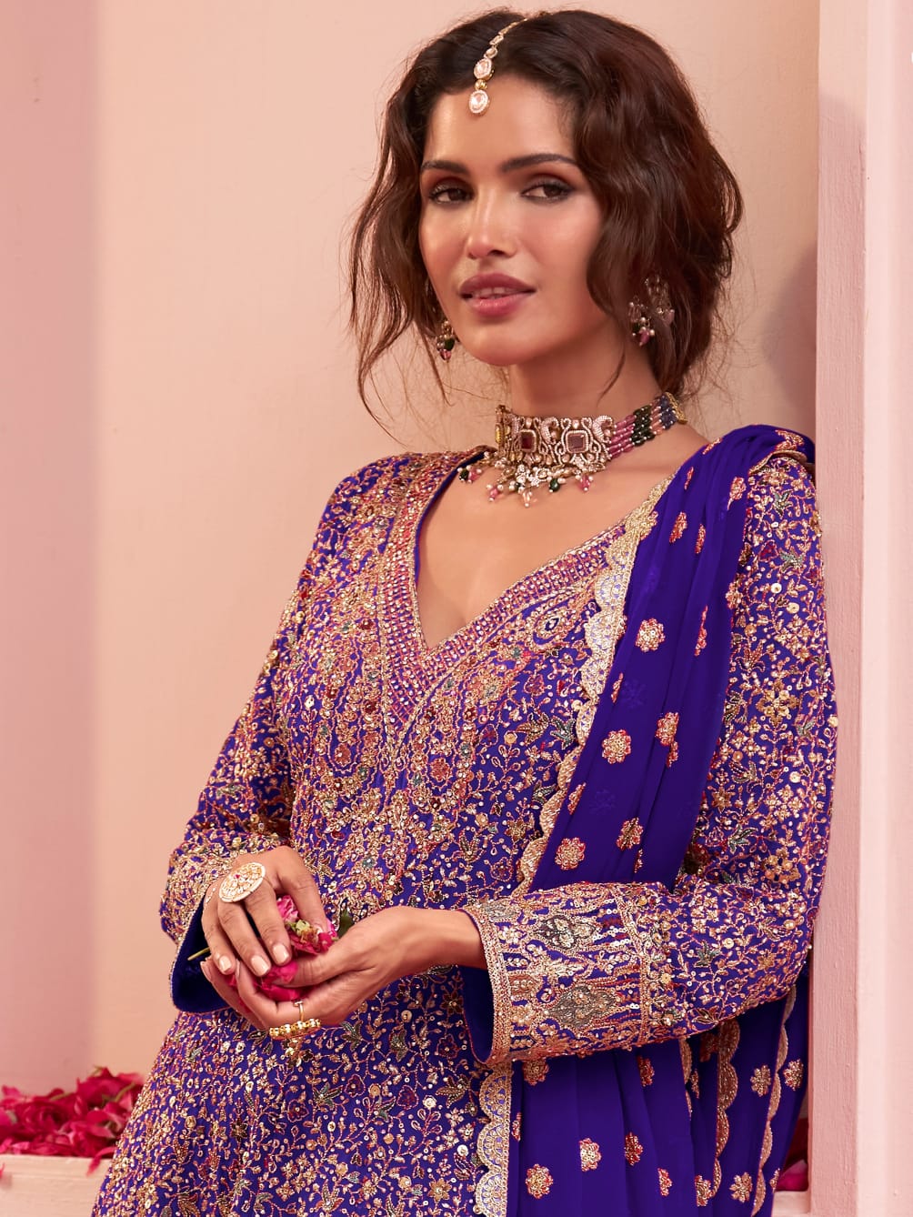 Royal Blue Designer Embroidered Georgette Sharara Suit Set