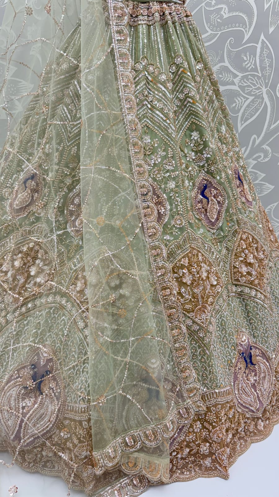 Pista Pure Heavy Net Motif Handwork Zari Sequins Work Bridal Lehenga Choli