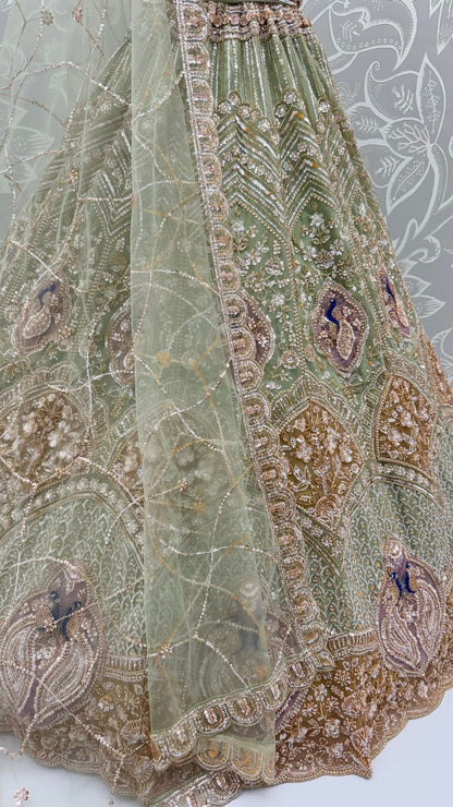 Pista Pure Heavy Net Motif Handwork Zari Sequins Work Bridal Lehenga Choli