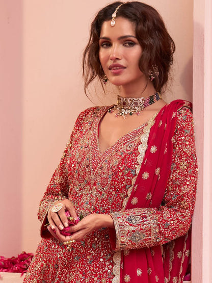 Red Designer Embroidered Georgette Sharara Suit Set with Dupatta