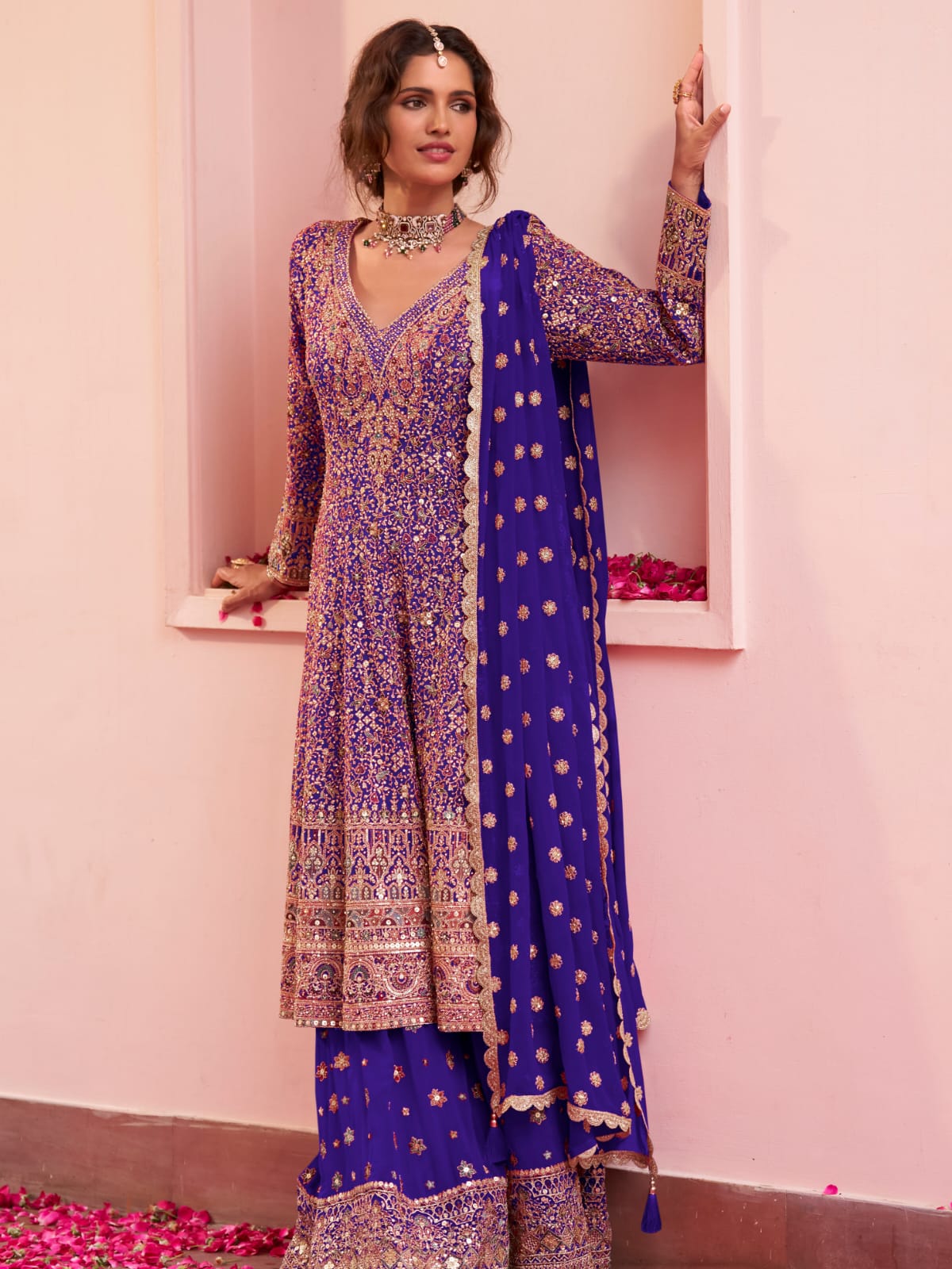 Royal Blue Designer Embroidered Georgette Sharara Suit Set