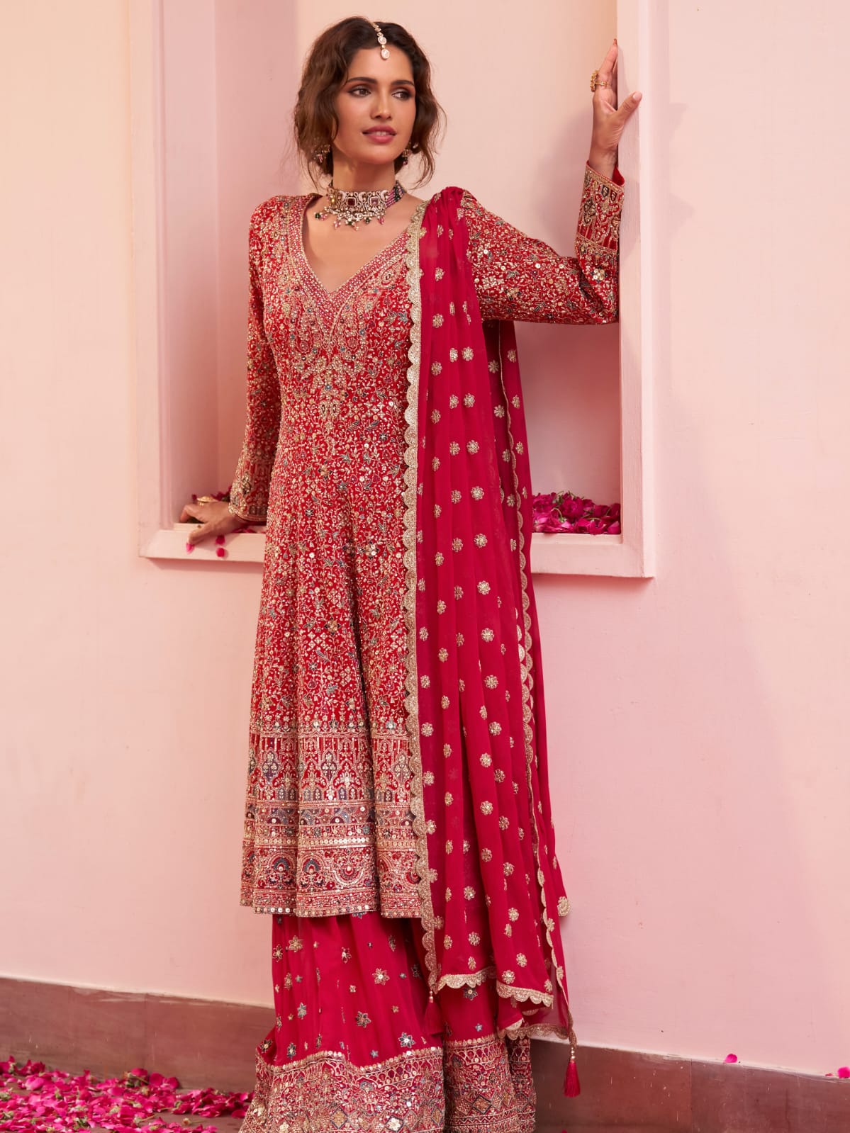 Red Designer Embroidered Georgette Sharara Suit Set with Dupatta