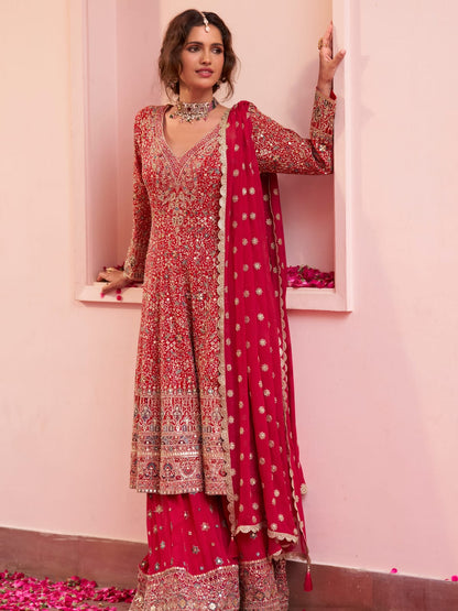 Red Designer Embroidered Georgette Sharara Suit Set with Dupatta