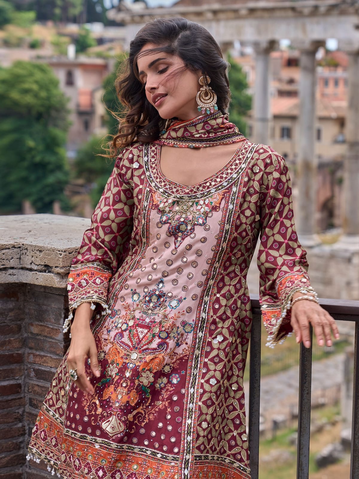 Maroon Printed Palazzo Suit with Dupatta