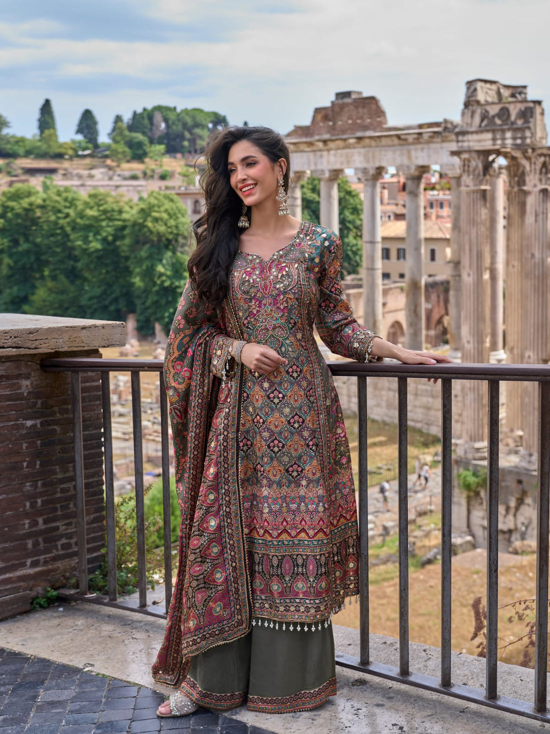 Olive Green Printed Palazzo Suit with Dupatta