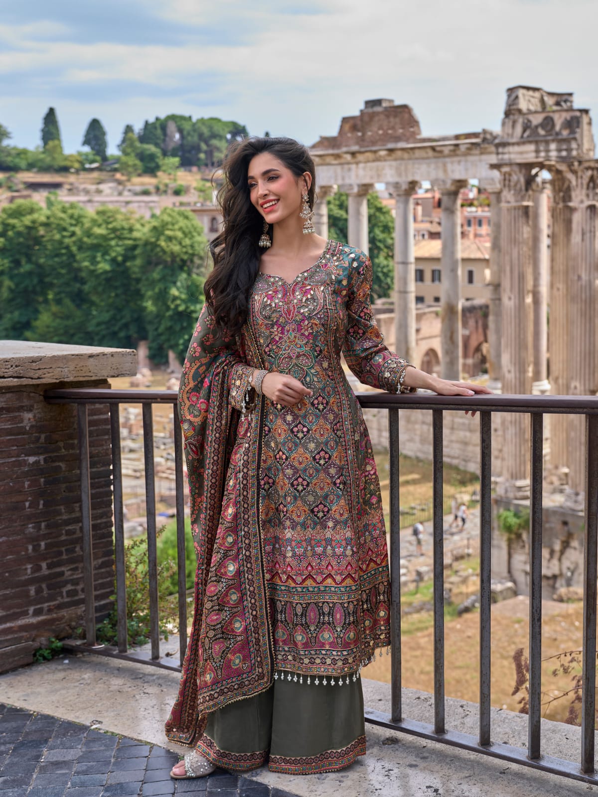 Olive Green Printed Palazzo Suit with Dupatta