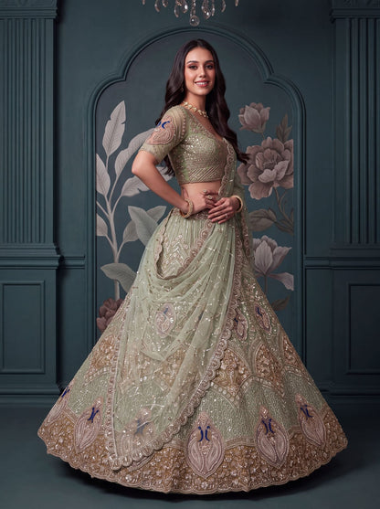 Pista Pure Heavy Net Motif Handwork Zari Sequins Work Bridal Lehenga Choli