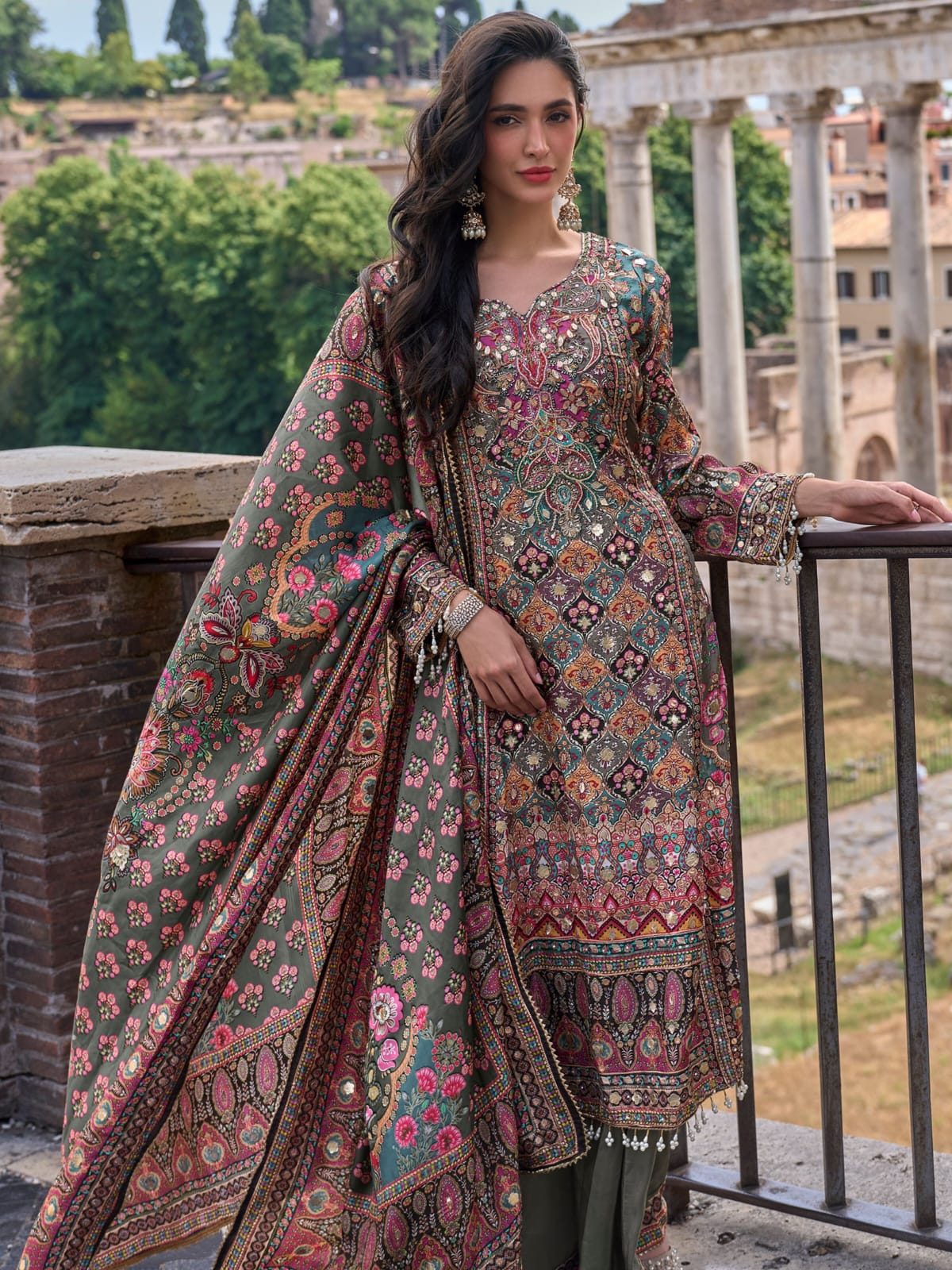 Olive Green Printed Palazzo Suit with Dupatta
