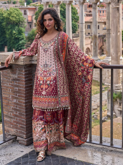 Maroon Printed Palazzo Suit with Dupatta