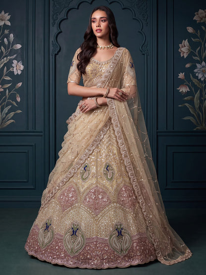 Beige Pure Heavy Net Motif Handwork Zari Sequins Work Bridal Lehenga Choli