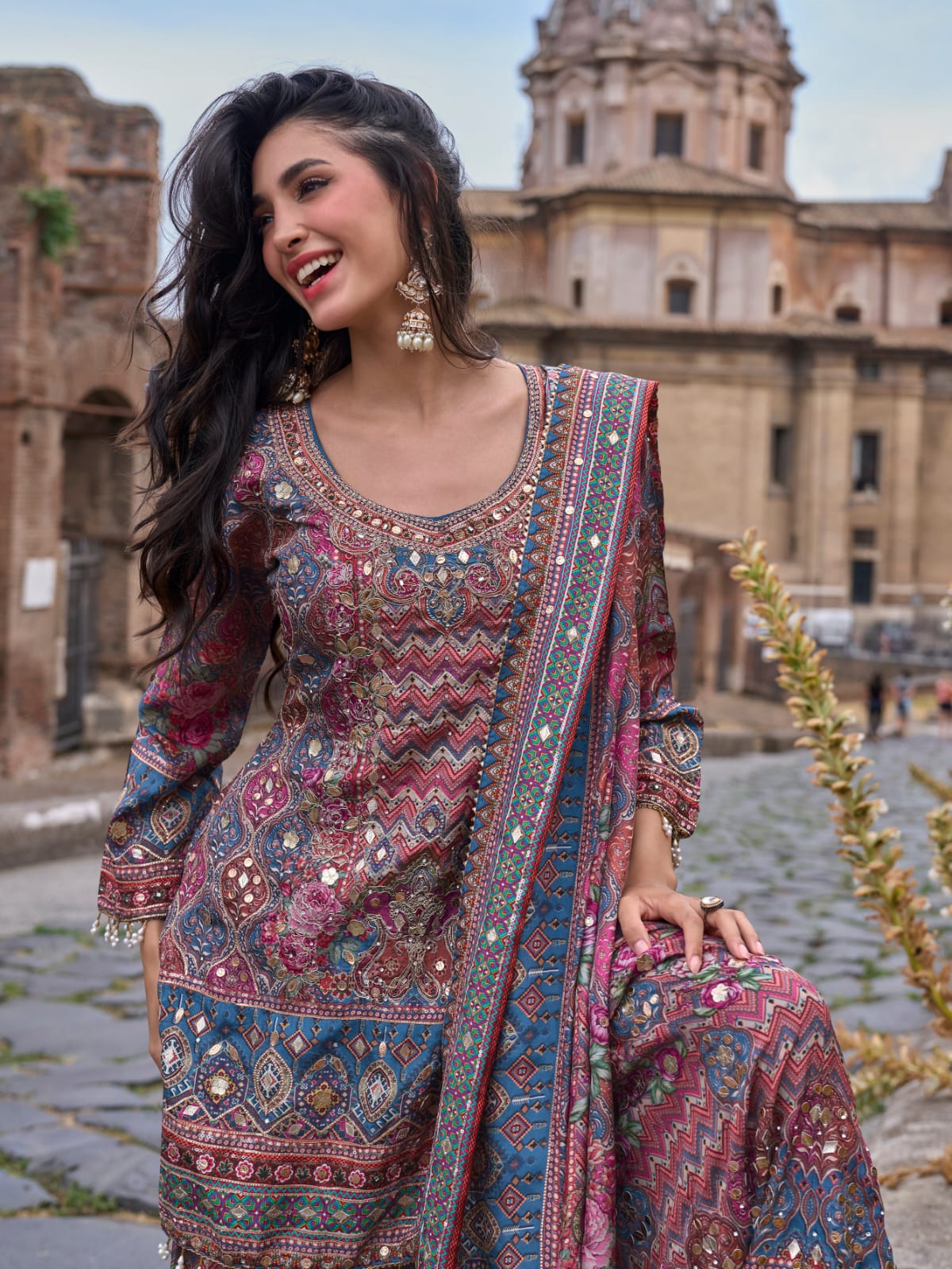 Wine &amp; Blue Printed Palazzo Suit with Dupatta