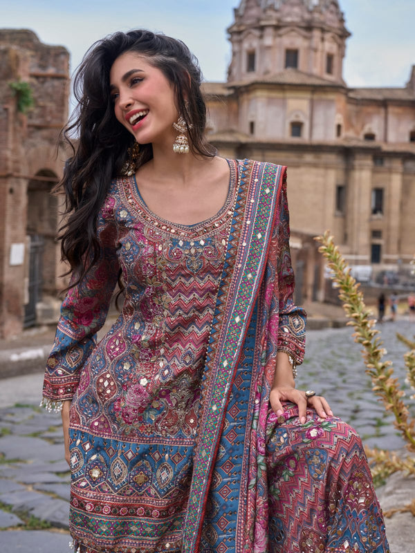 Wine & Blue Printed Palazzo Suit with Dupatta