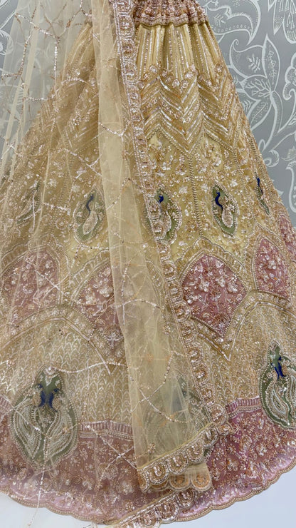 Beige Pure Heavy Net Motif Handwork Zari Sequins Work Bridal Lehenga Choli