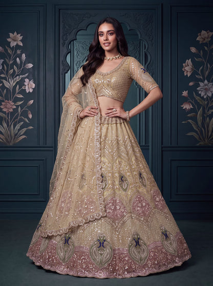 Beige Pure Heavy Net Motif Handwork Zari Sequins Work Bridal Lehenga Choli