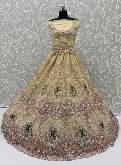 Beige Pure Heavy Net Motif Handwork Zari Sequins Work Bridal Lehenga Choli