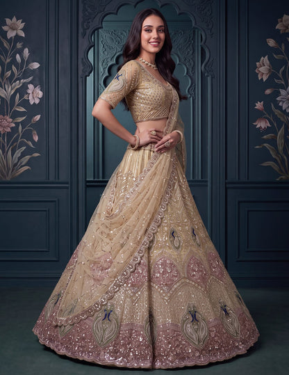 Beige Pure Heavy Net Motif Handwork Zari Sequins Work Bridal Lehenga Choli