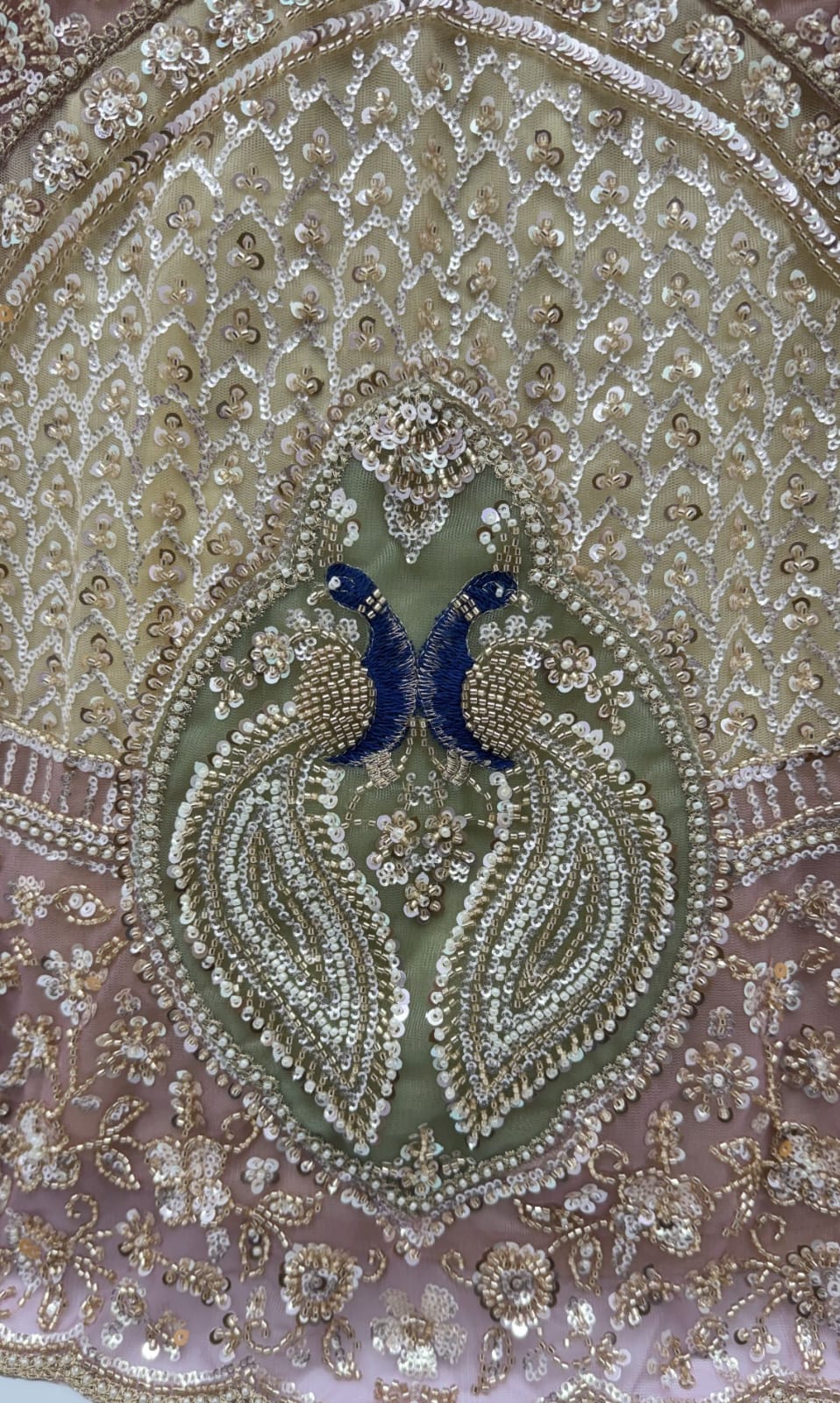 Beige Pure Heavy Net Motif Handwork Zari Sequins Work Bridal Lehenga Choli