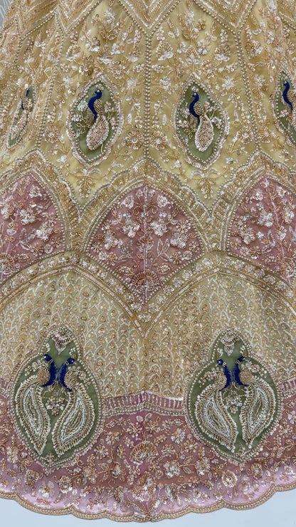Beige Pure Heavy Net Motif Handwork Zari Sequins Work Bridal Lehenga Choli