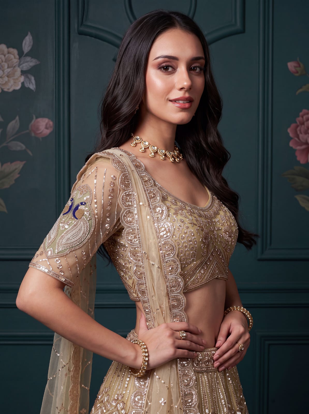 Beige Pure Heavy Net Motif Handwork Zari Sequins Work Bridal Lehenga Choli
