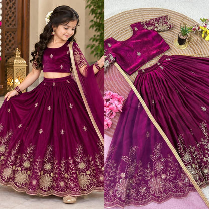 Magenta Soft Fendy Silk Cutdana Embroidery Work Kids Lehenga Choli