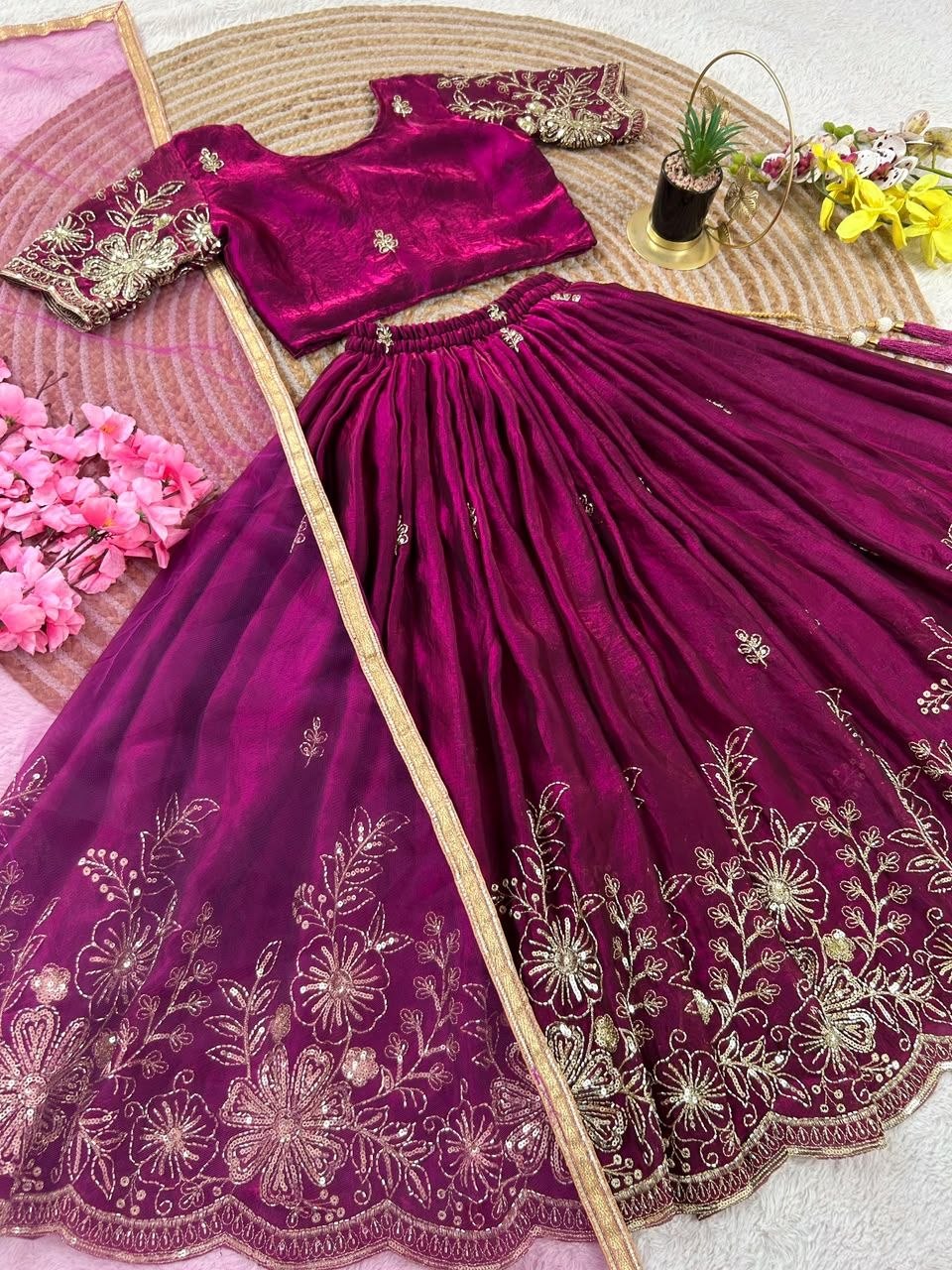 Magenta Soft Fendy Silk Cutdana Embroidery Work Kids Lehenga Choli