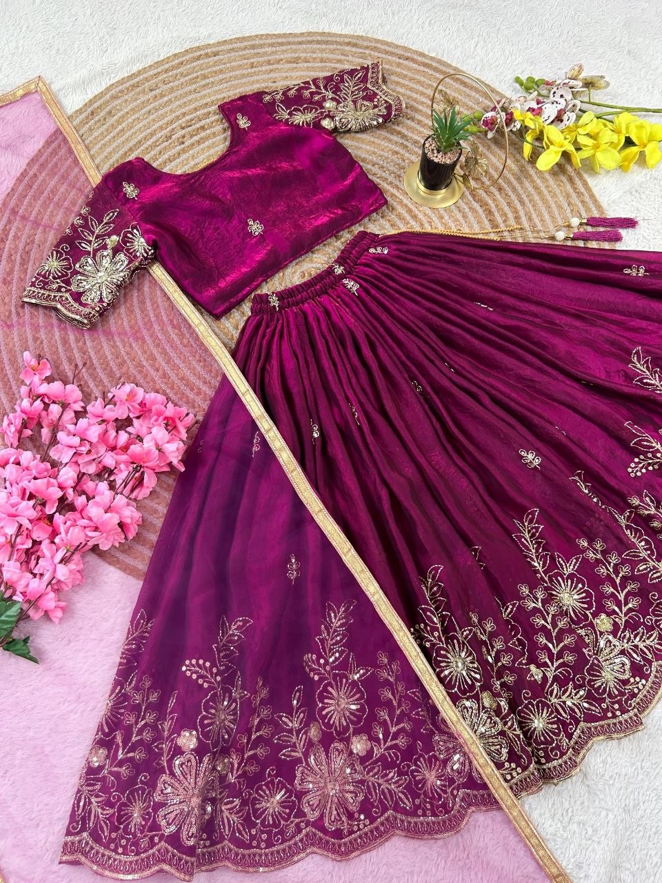 Magenta Soft Fendy Silk Cutdana Embroidery Work Kids Lehenga Choli