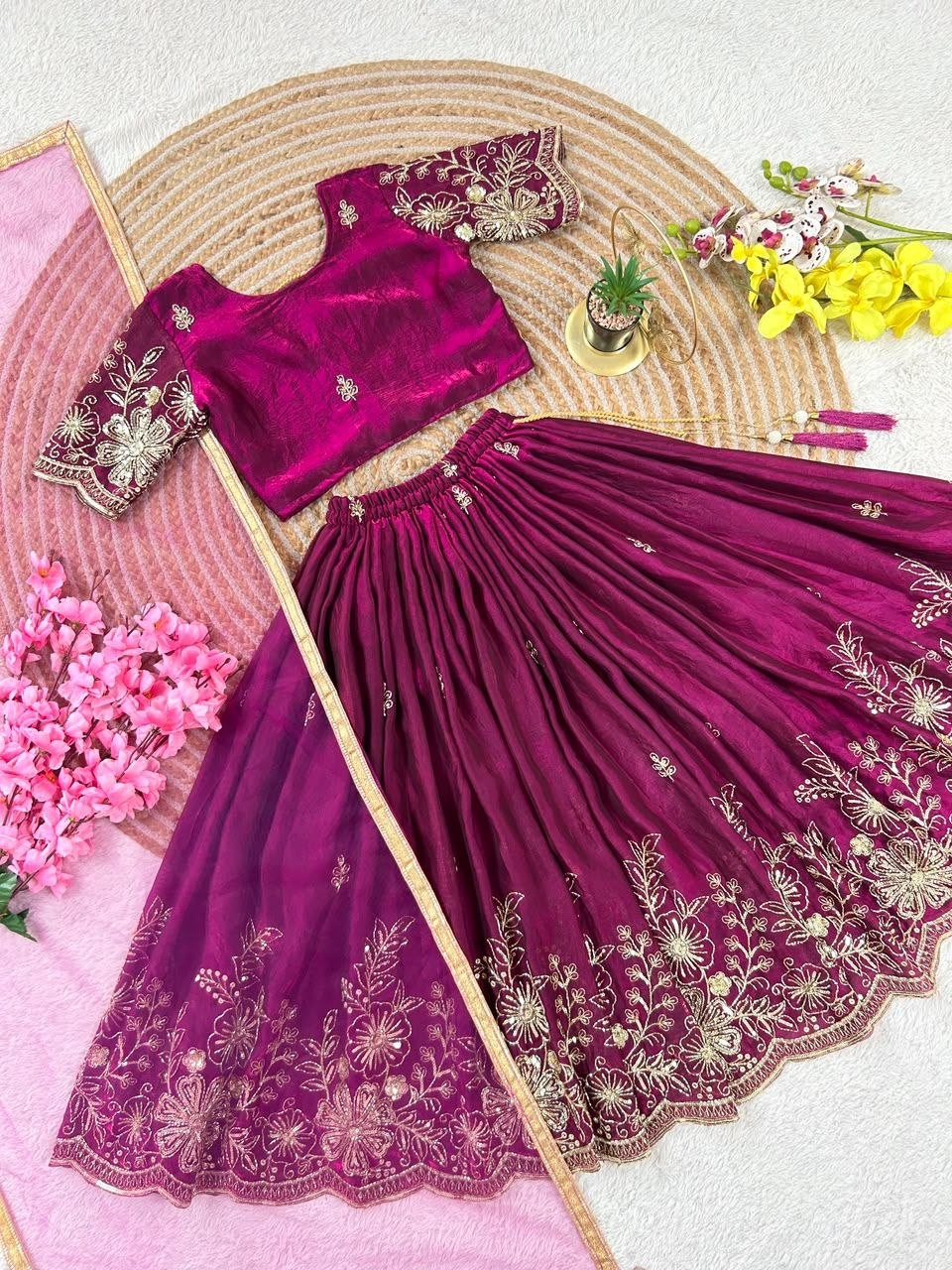Magenta Soft Fendy Silk Cutdana Embroidery Work Kids Lehenga Choli
