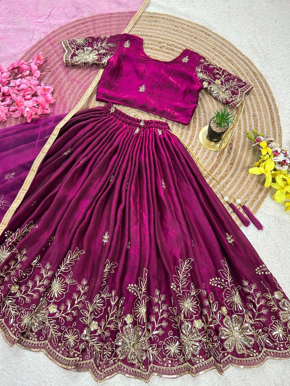 Magenta Soft Fendy Silk Cutdana Embroidery Work Kids Lehenga Choli