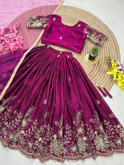 Magenta Soft Fendy Silk Cutdana Embroidery Work Kids Lehenga Choli