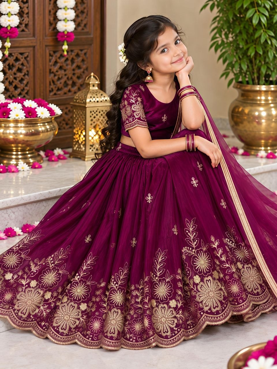 Magenta Soft Fendy Silk Cutdana Embroidery Work Kids Lehenga Choli