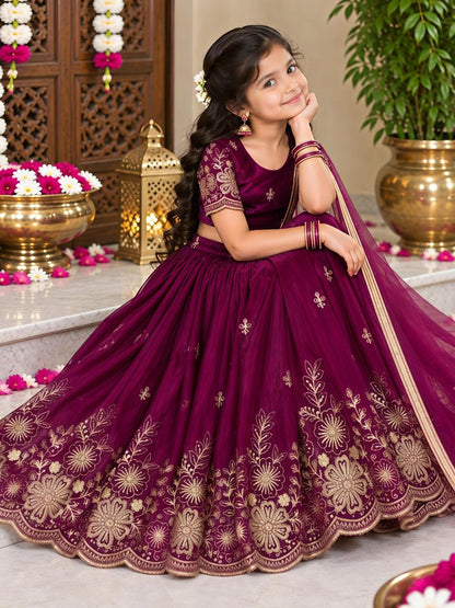Magenta Soft Fendy Silk Cutdana Embroidery Work Kids Lehenga Choli