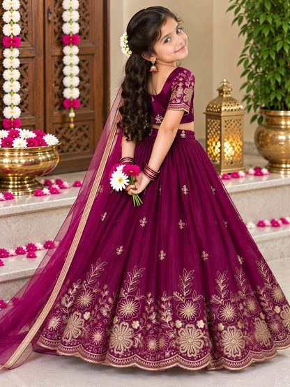 Magenta Soft Fendy Silk Cutdana Embroidery Work Kids Lehenga Choli