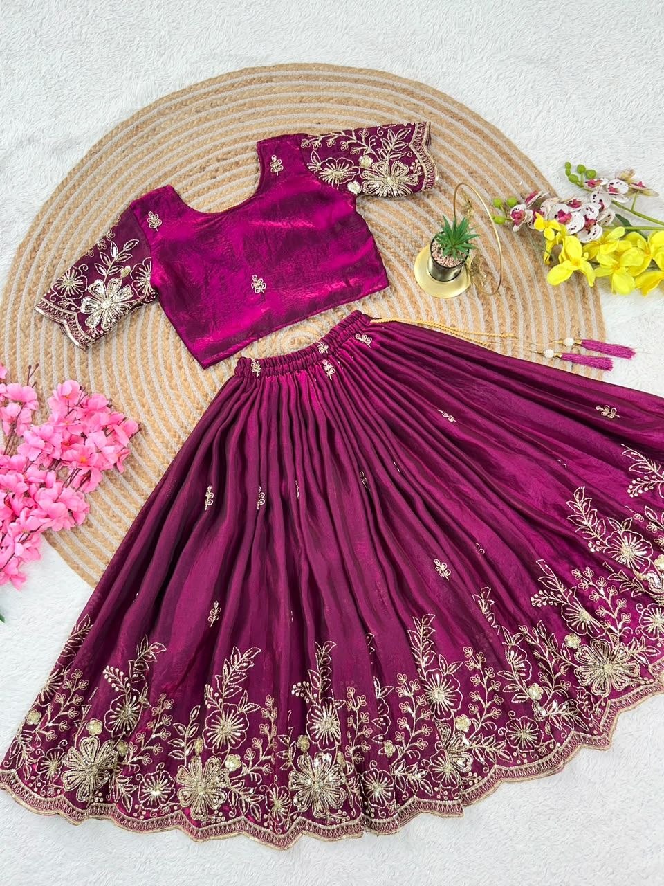 Magenta Soft Fendy Silk Cutdana Embroidery Work Kids Lehenga Choli