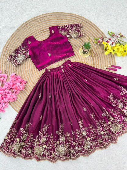 Magenta Soft Fendy Silk Cutdana Embroidery Work Kids Lehenga Choli