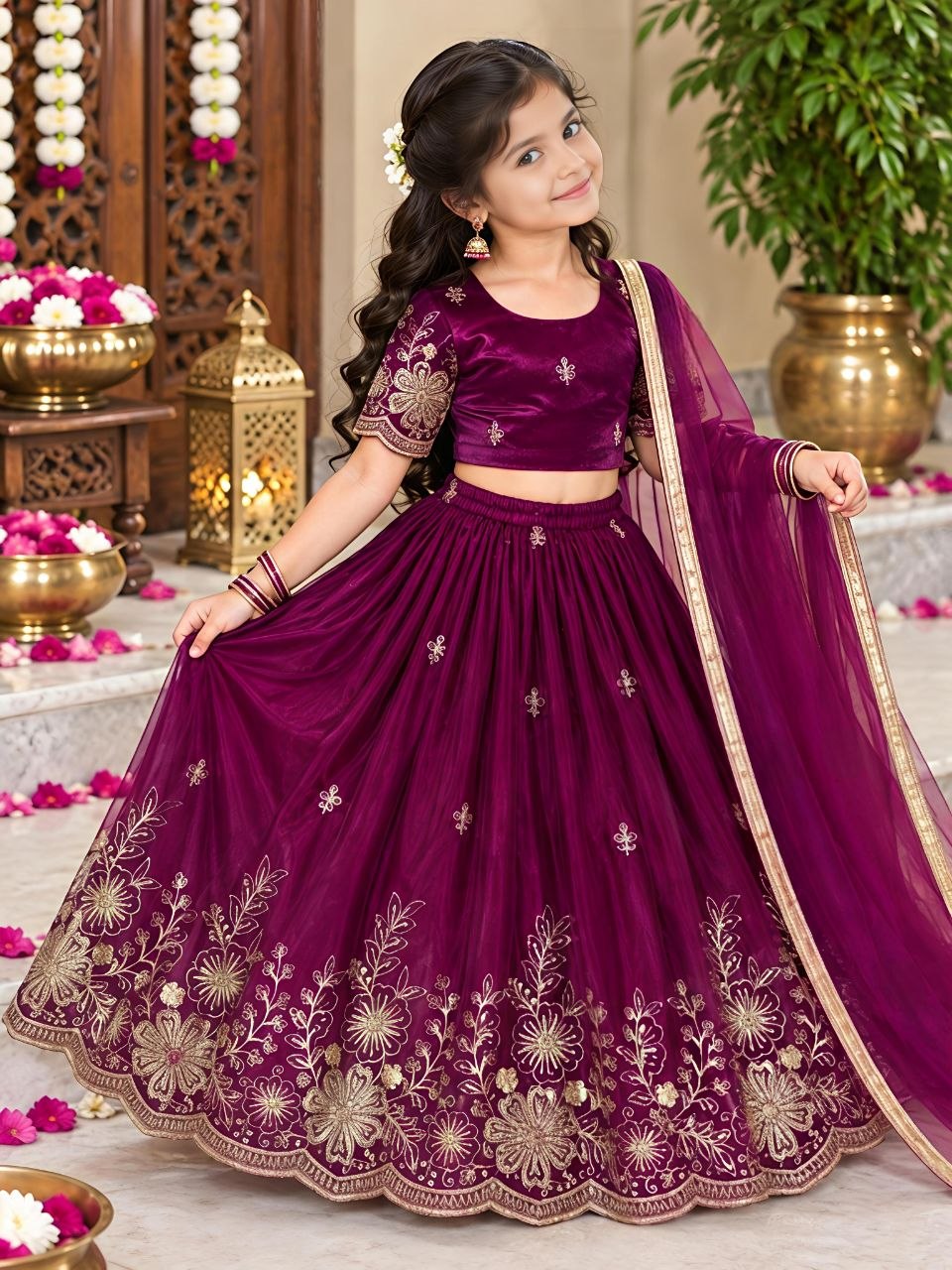 Magenta Soft Fendy Silk Cutdana Embroidery Work Kids Lehenga Choli