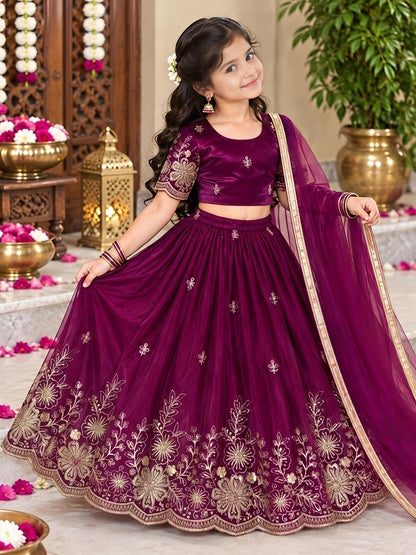 Magenta Soft Fendy Silk Cutdana Embroidery Work Kids Lehenga Choli