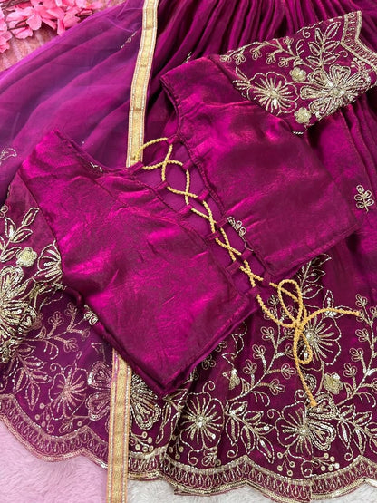 Magenta Soft Fendy Silk Cutdana Embroidery Work Kids Lehenga Choli