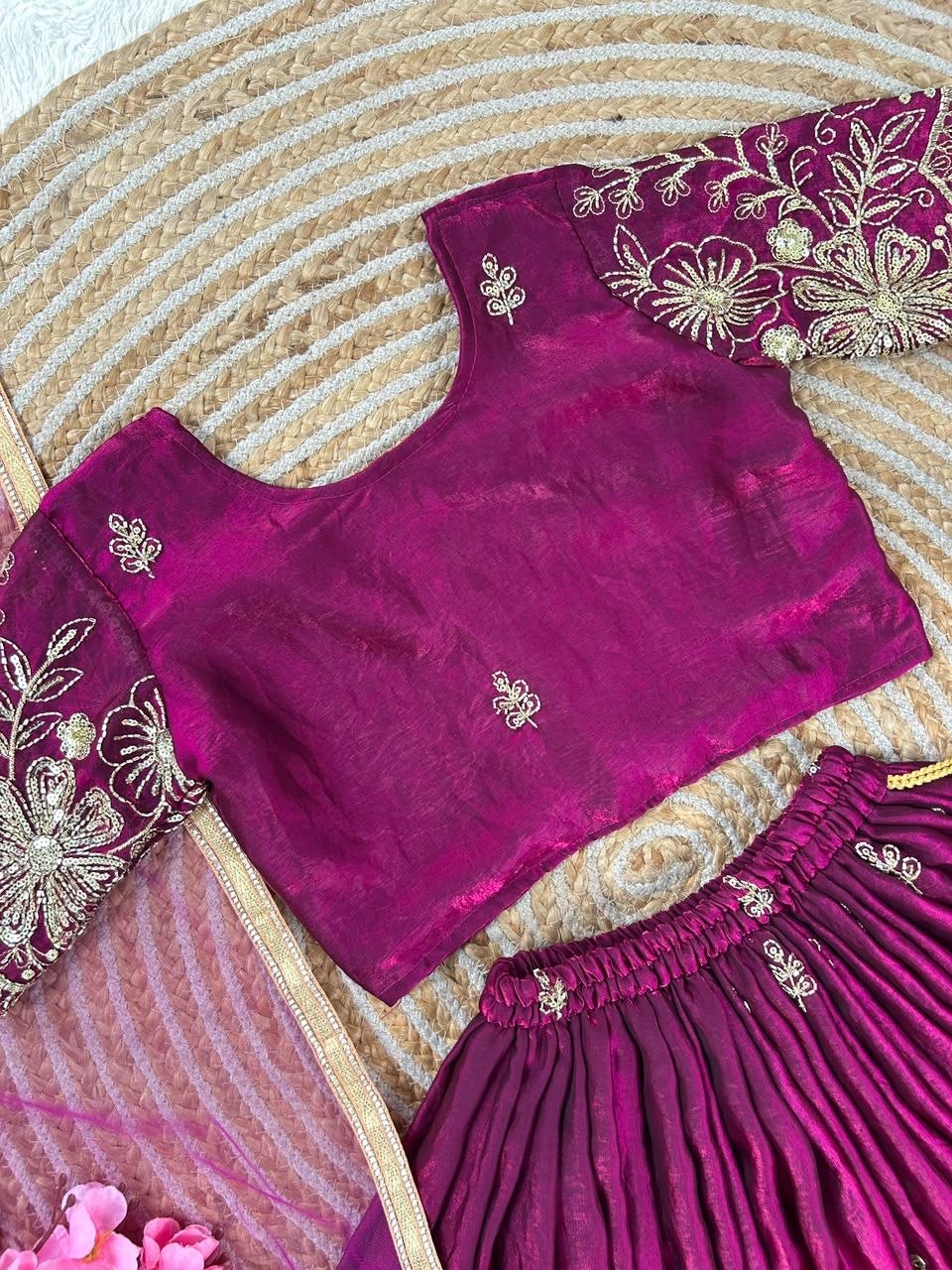 Magenta Soft Fendy Silk Cutdana Embroidery Work Kids Lehenga Choli