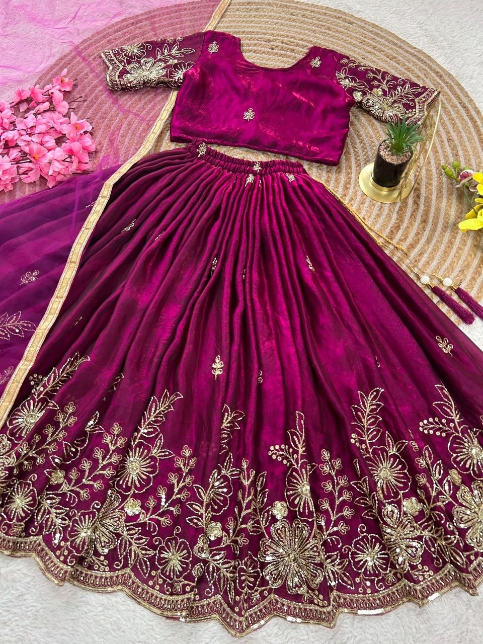 Magenta Soft Fendy Silk Cutdana Embroidery Work Kids Lehenga Choli