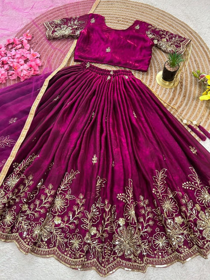 Magenta Soft Fendy Silk Cutdana Embroidery Work Kids Lehenga Choli