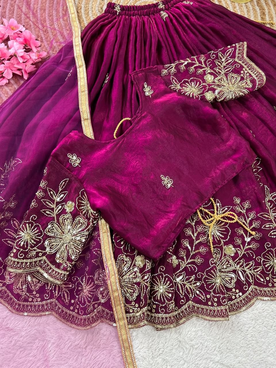 Magenta Soft Fendy Silk Cutdana Embroidery Work Kids Lehenga Choli
